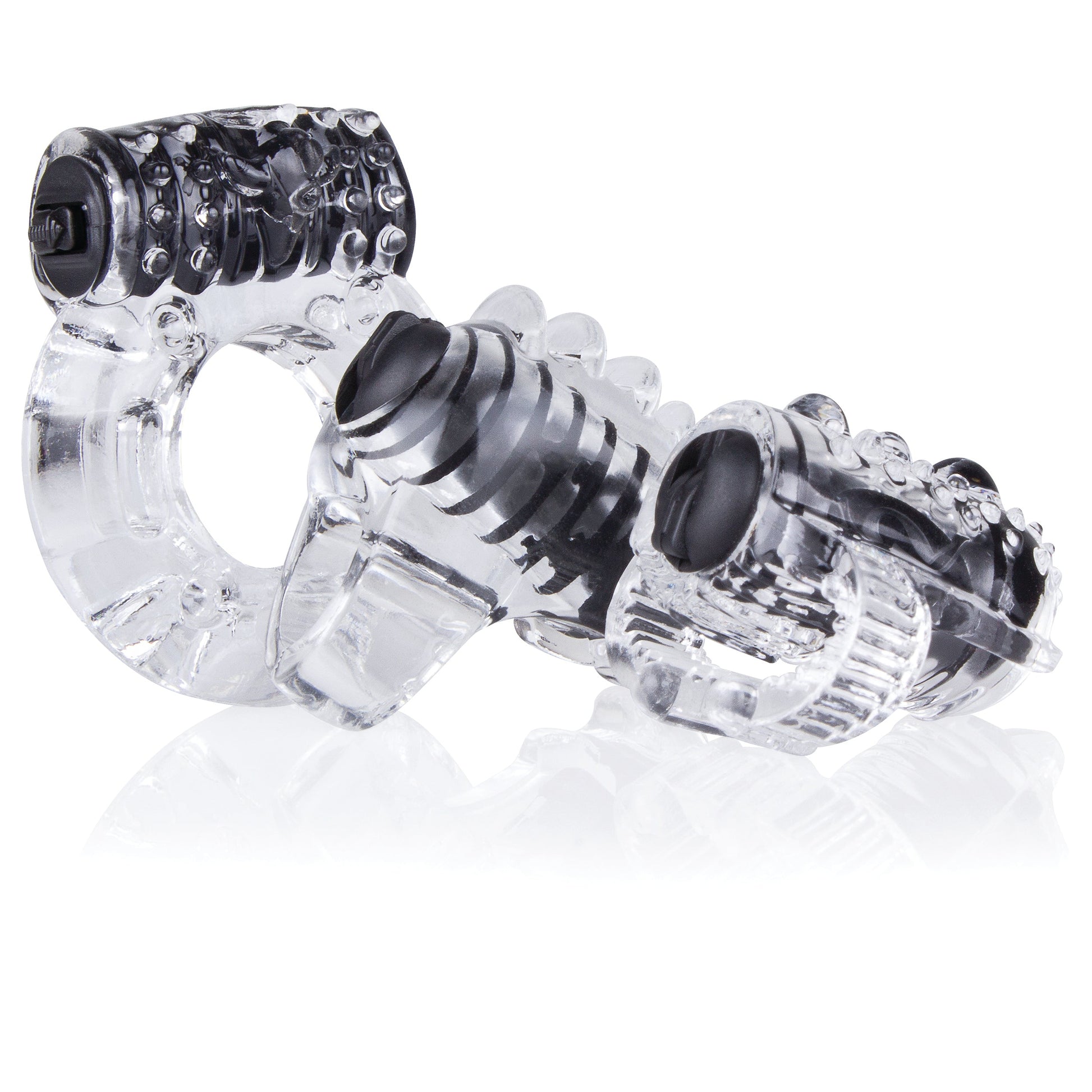 A clear vibrating cock ring with black accents and textured bumps.