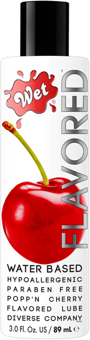 Wet Popp'n Cherry flavored water-based lubricant with a cherry image.