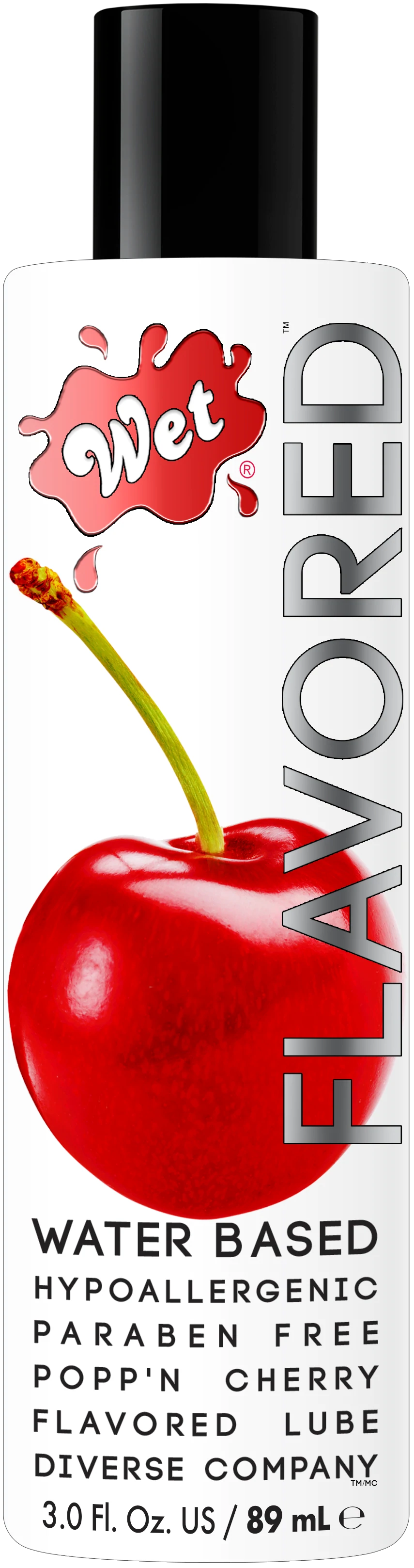 Wet Popp'n Cherry flavored water-based lubricant with a cherry image.