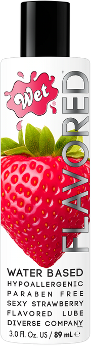 Wet Strawberry flavored water-based lubricant with a strawberry image.