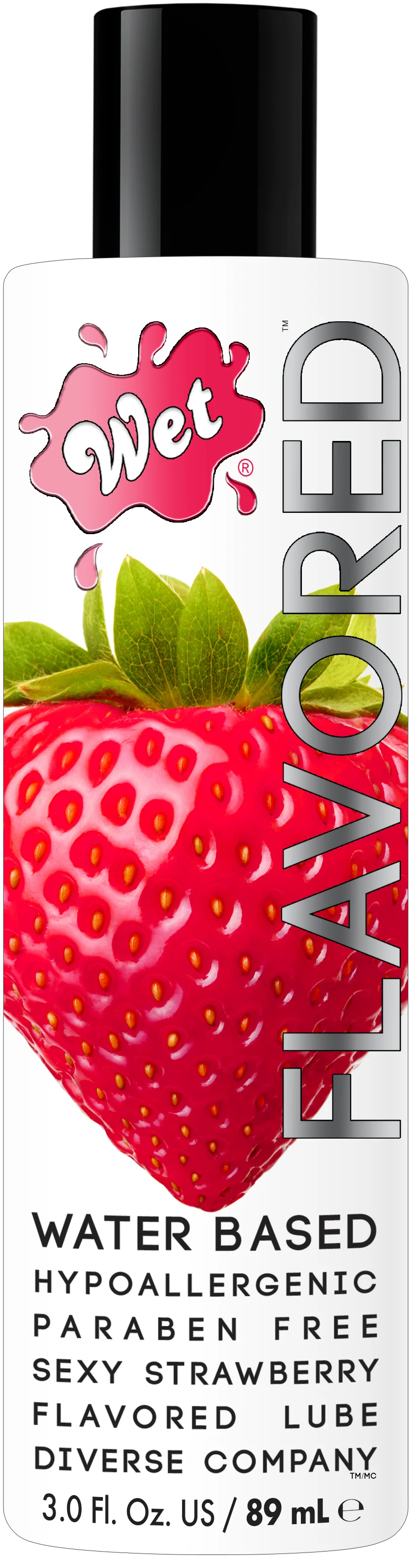 Wet Strawberry flavored water-based lubricant with a strawberry image.