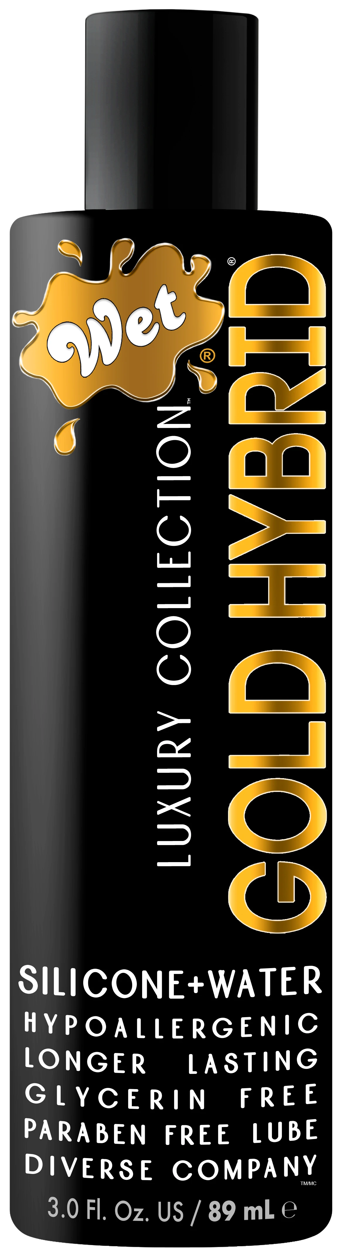 Wet Gold Hybrid personal lubricant bottle with text details.