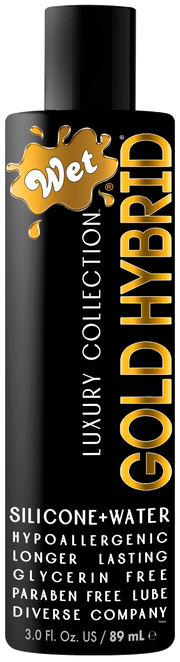 Wet Gold Hybrid personal lubricant bottle with text details.
