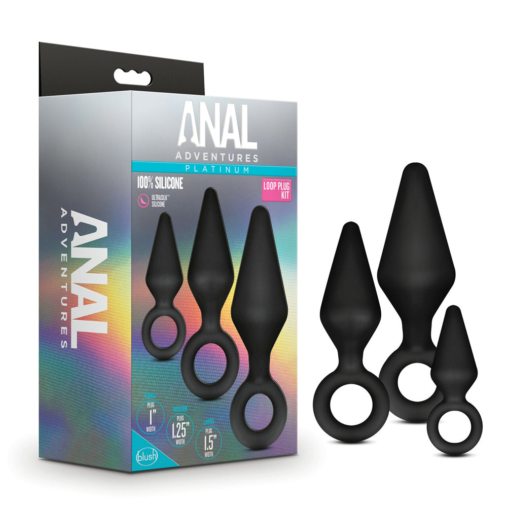 Silicone anal plug training kit with loop base in three sizes.