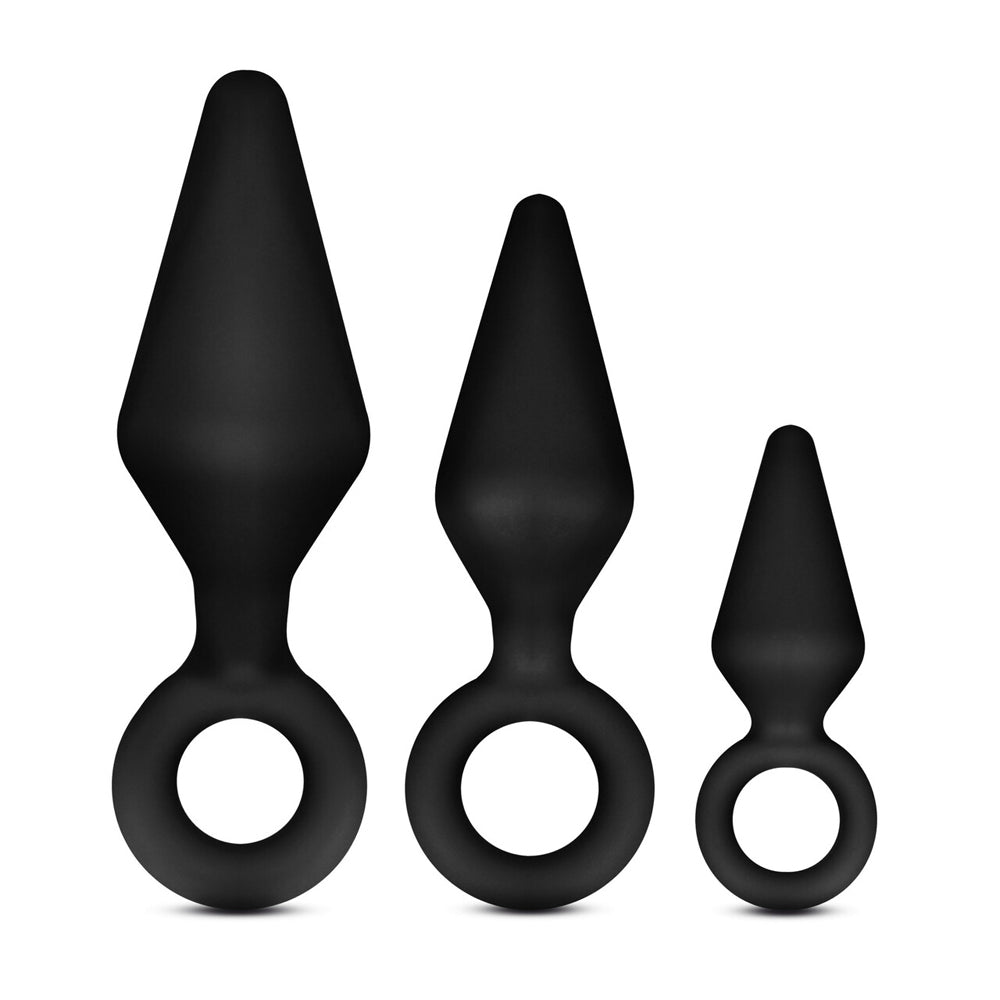 Three black silicone anal plugs of varying sizes with loop bases.