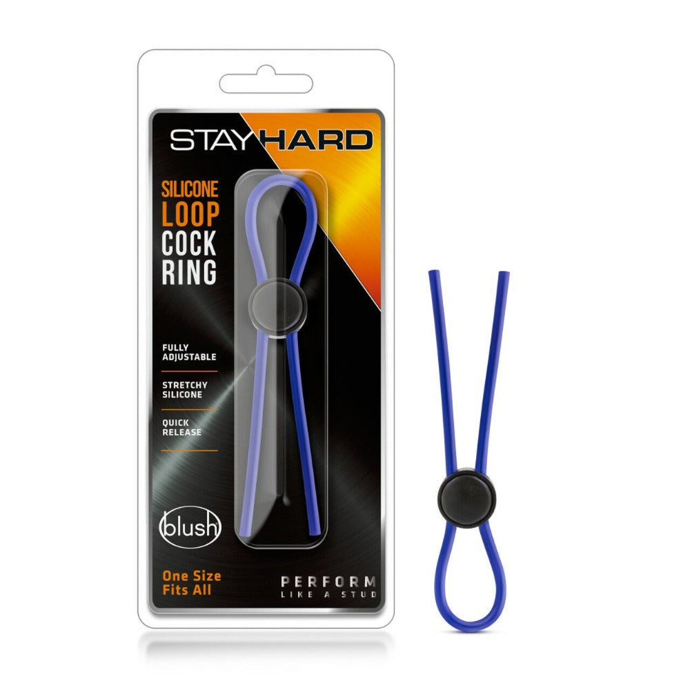 Adjustable blue silicone cock ring with quick release in packaging.