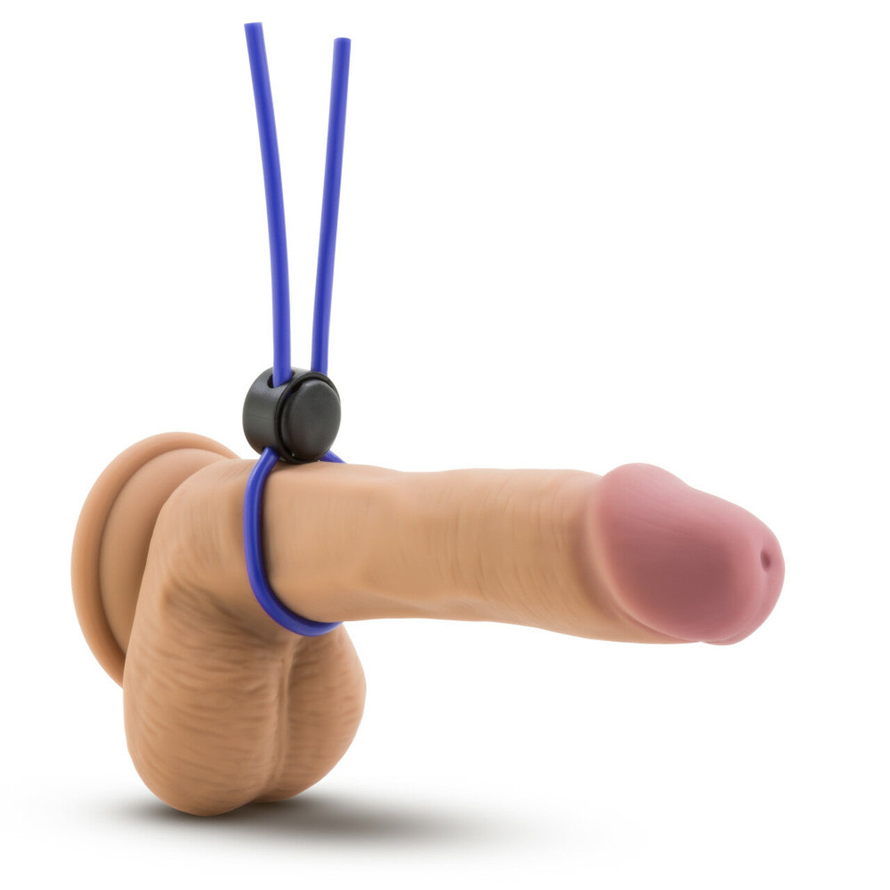 Adjustable silicone cock ring in pink with blue quick-release strap.