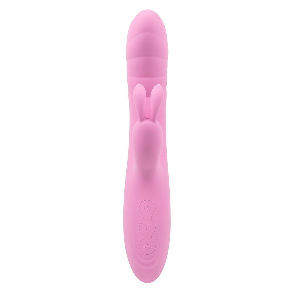 A pink rabbit vibrator with ribbed texture and control buttons.