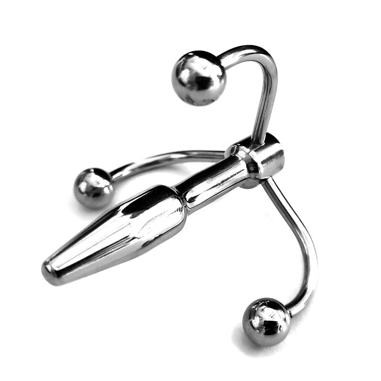 Stainless steel penis plug with a triple hook design.