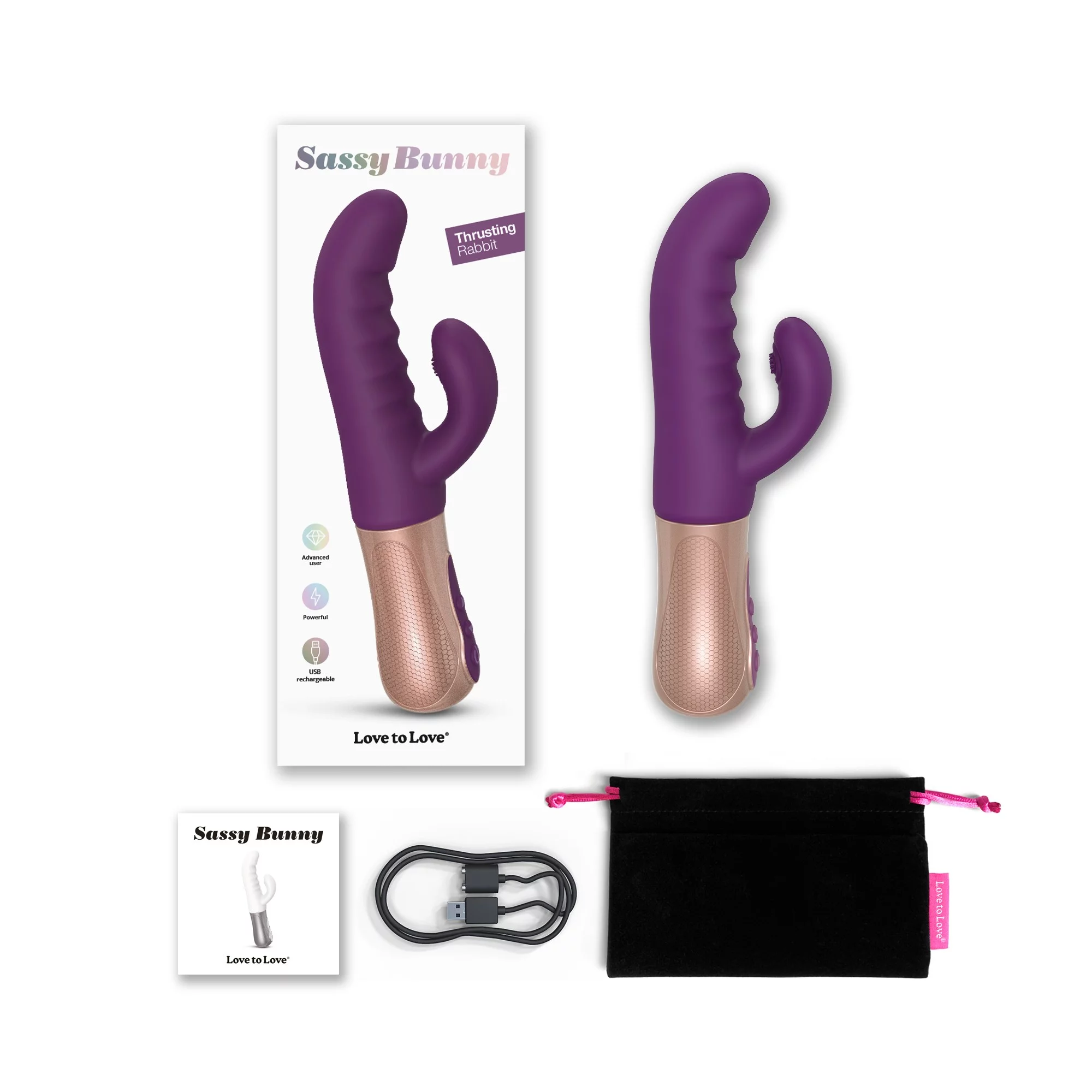 Purple Sassy Bunny thrusting and tapping rabbit vibrator with box, charger, and pouch.
