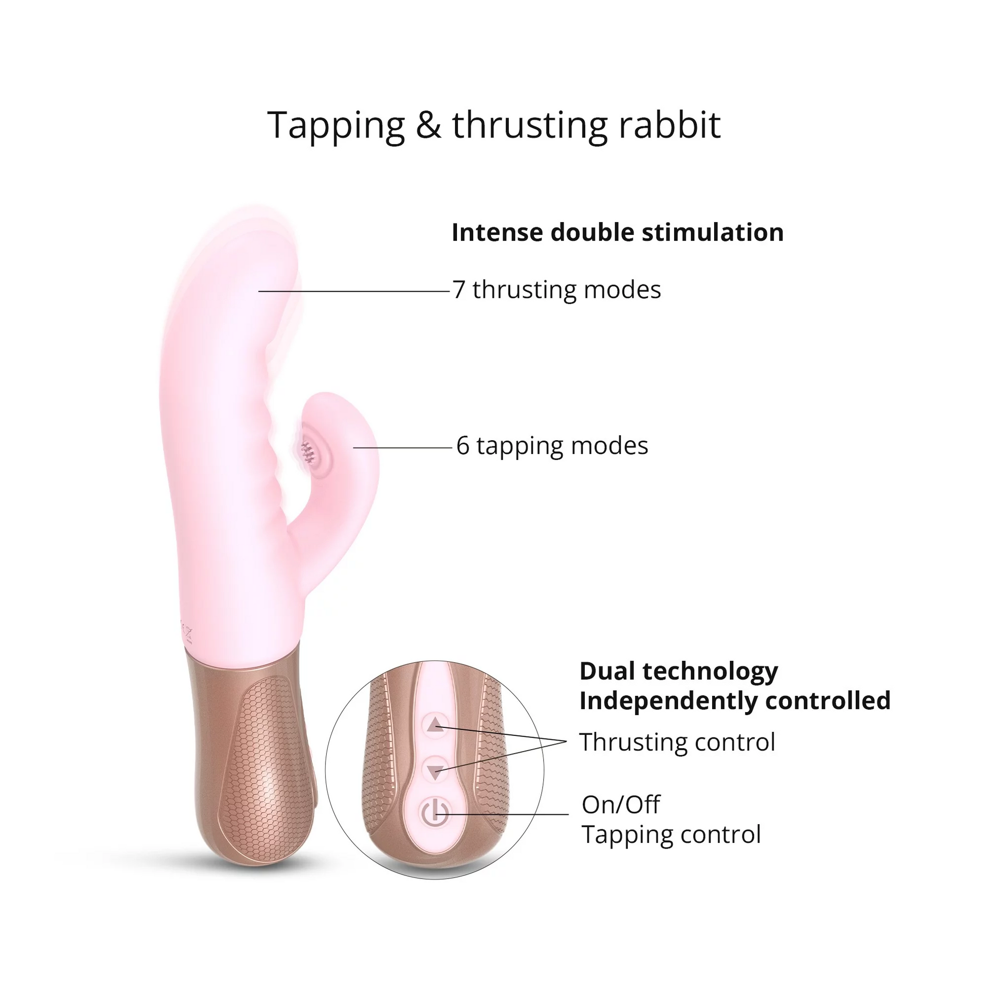 Pink rabbit vibrator with dual thrusting and tapping stimulation.