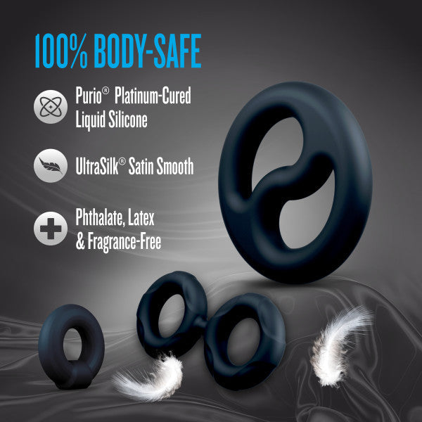 A 3-piece set of black silicone cock rings and ball stretchers with text about body-safe materials.