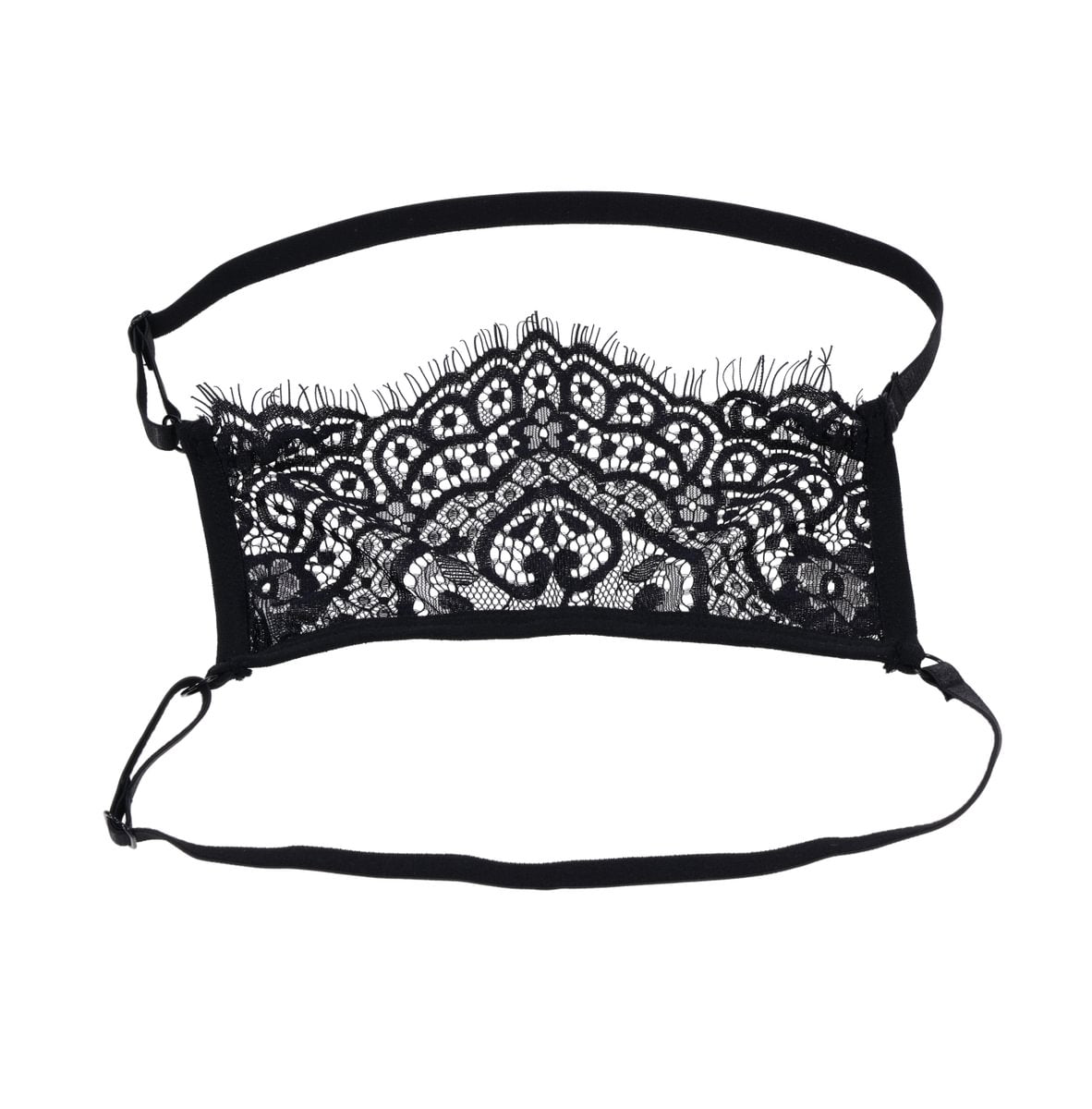 Black lace blindfold with adjustable straps.