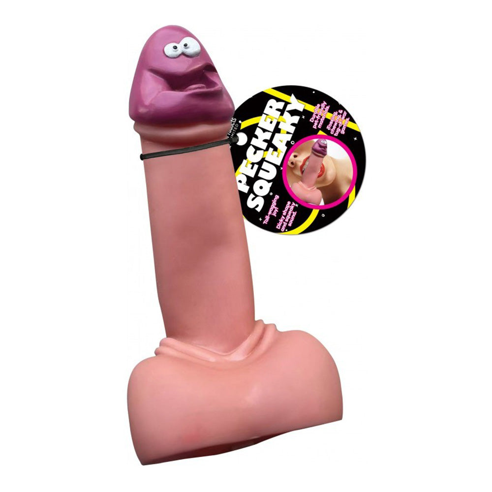 Purple novelty penis-shaped squeaky pet toy with googly eyes and black tag.