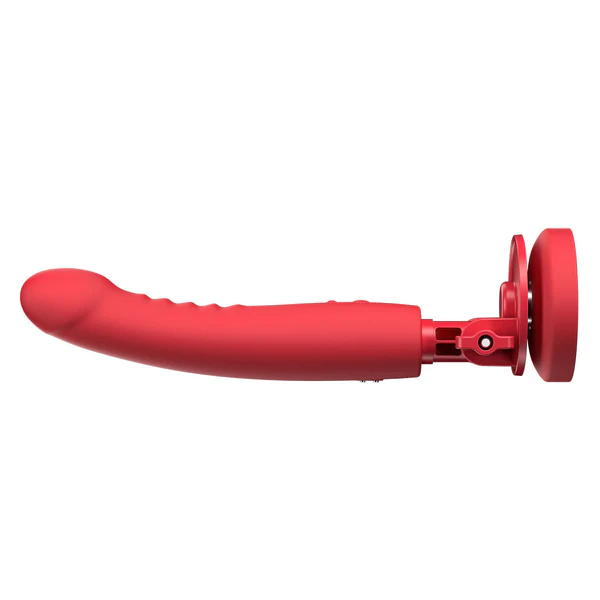 Red vibrating suction cup dildo with adjustable base.