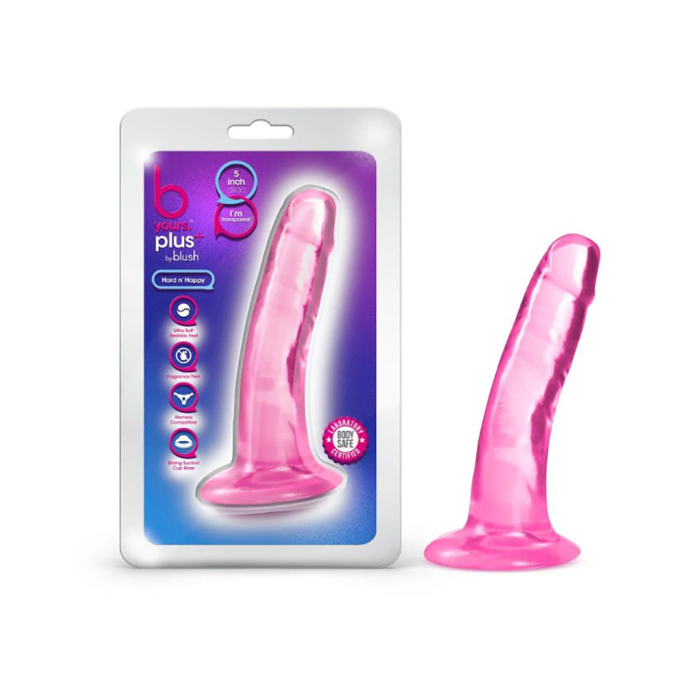5.5-inch pink realistic TPE dildo with suction cup base, shown in translucent packaging.