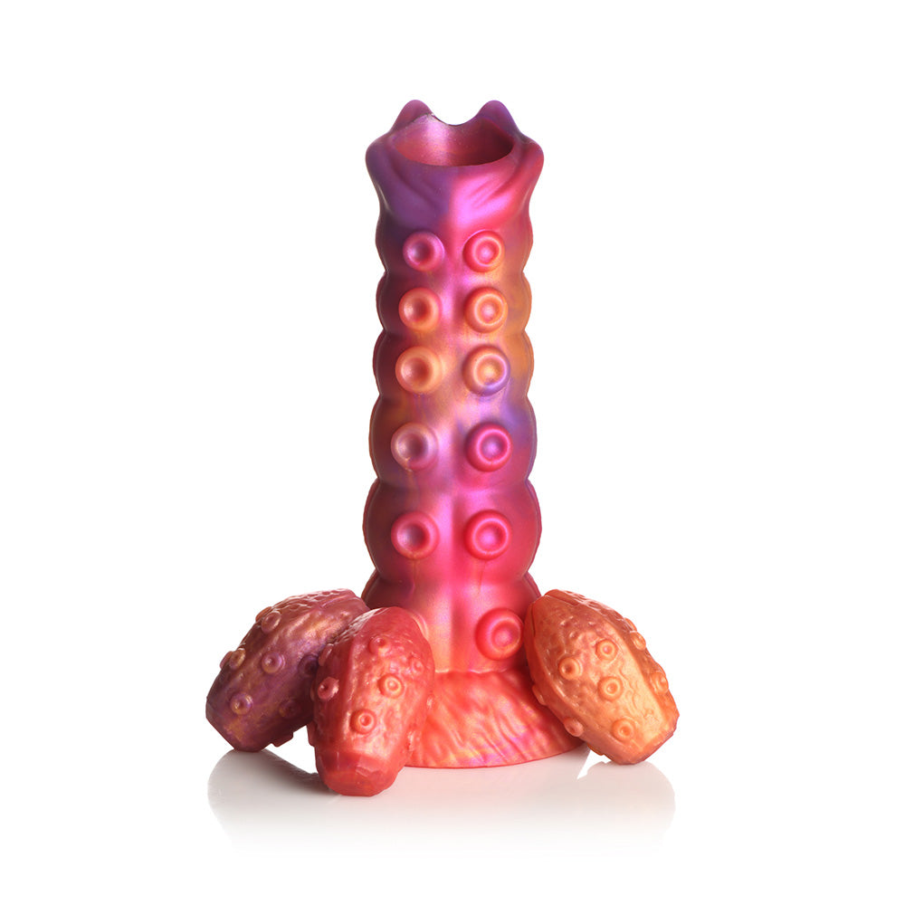 Pink and purple silicone dildo with segmented ribs and three textured eggs.