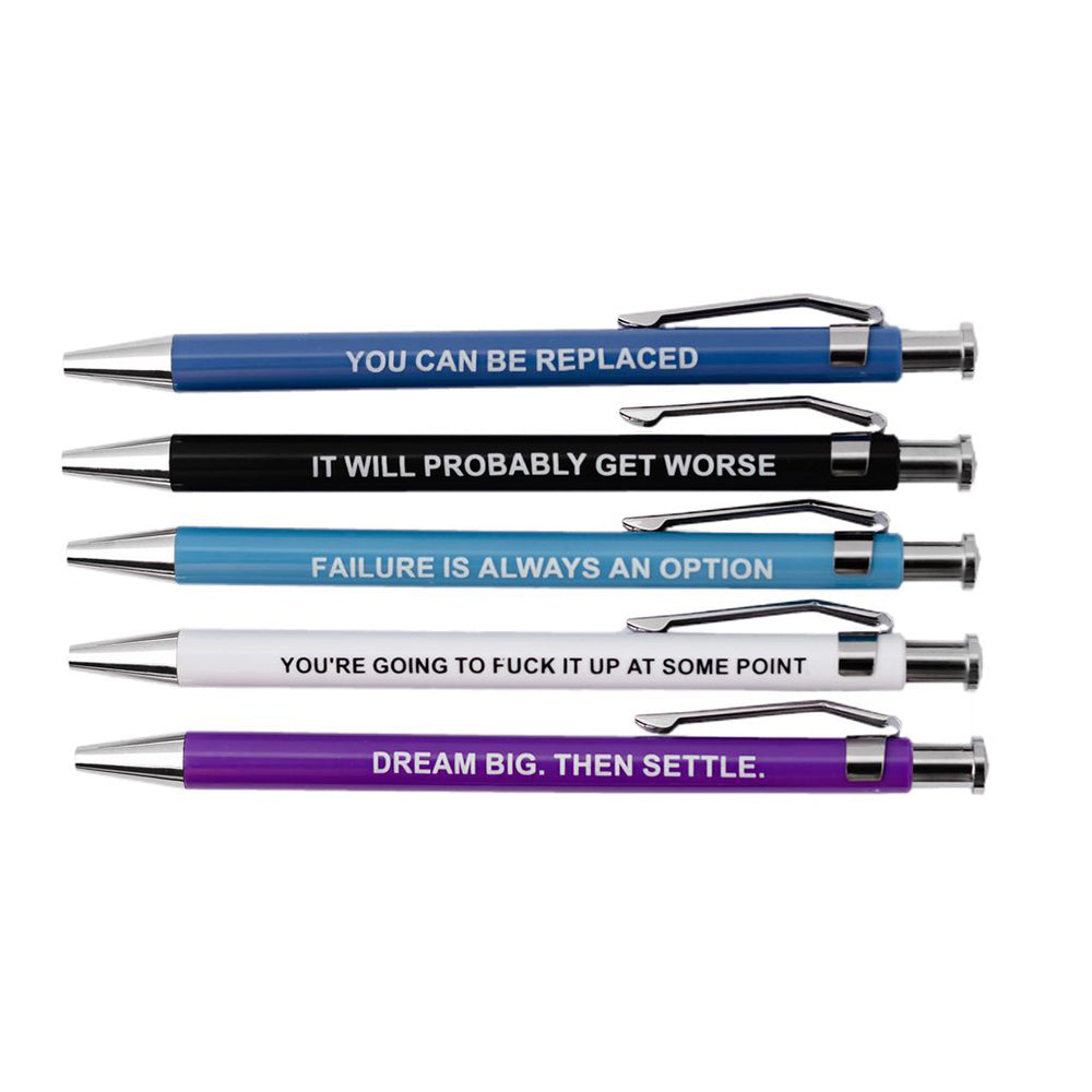 Five demotivational pens with witty sayings in different colors.
