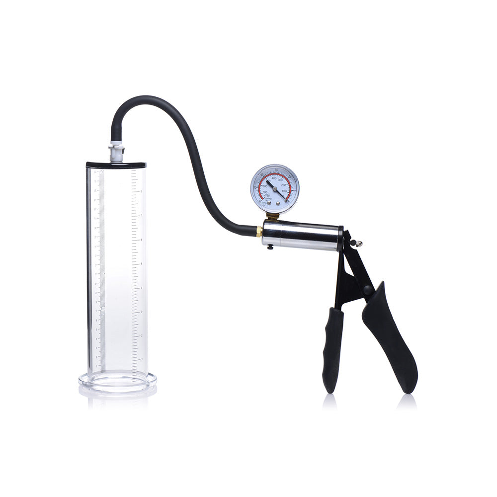 Penis pump kit with a clear cylinder, hose, and pressure gauge.