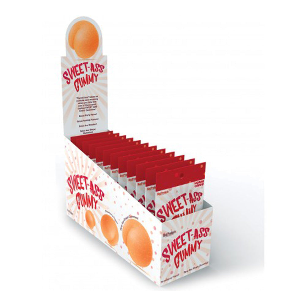 Display box of strawberry ass-shaped gummies with individual packaging.