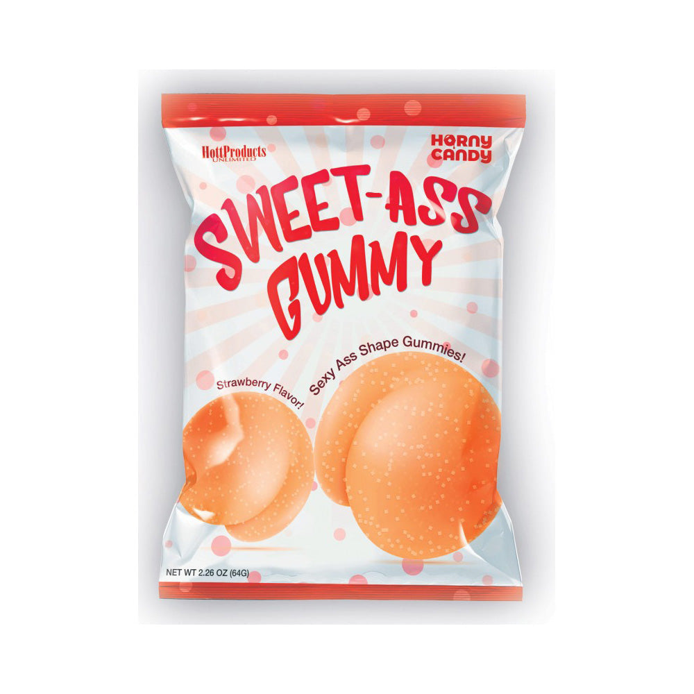 Strawberry flavored ass shaped gummies in a bag.