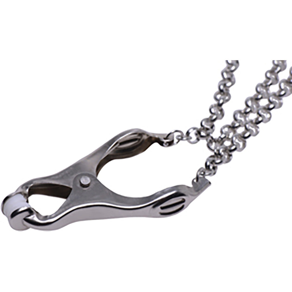 Silver triple chain nipple clamps with extreme grip.