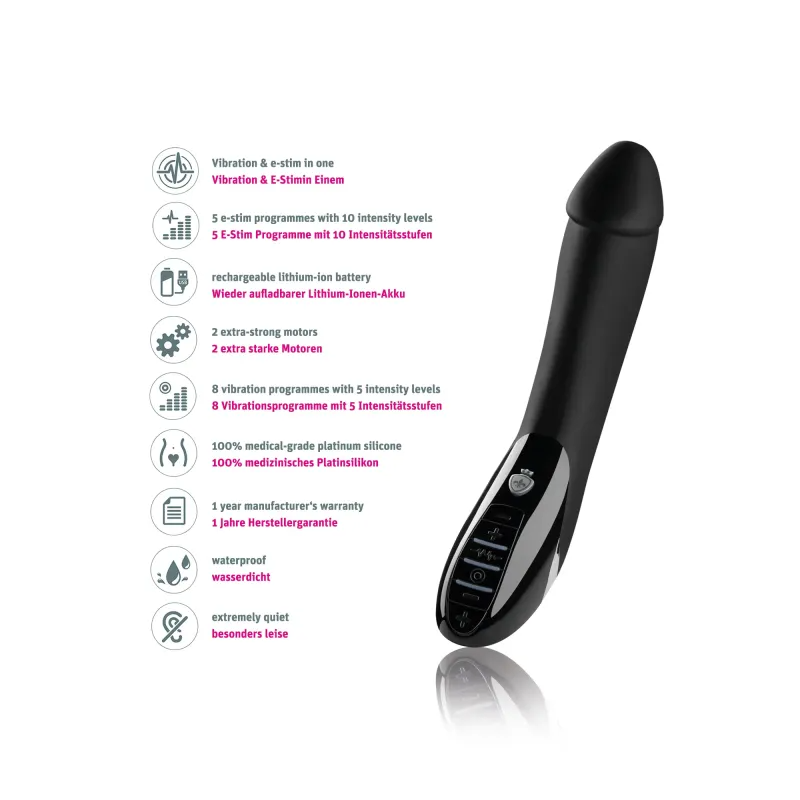 Schwarzer Silikon-Vibrator mit E-Stim und Beckenbodentraining.