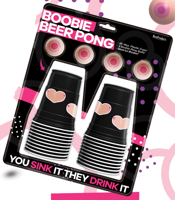 Boobie Beer Pong party game set with novelty balls and cups.