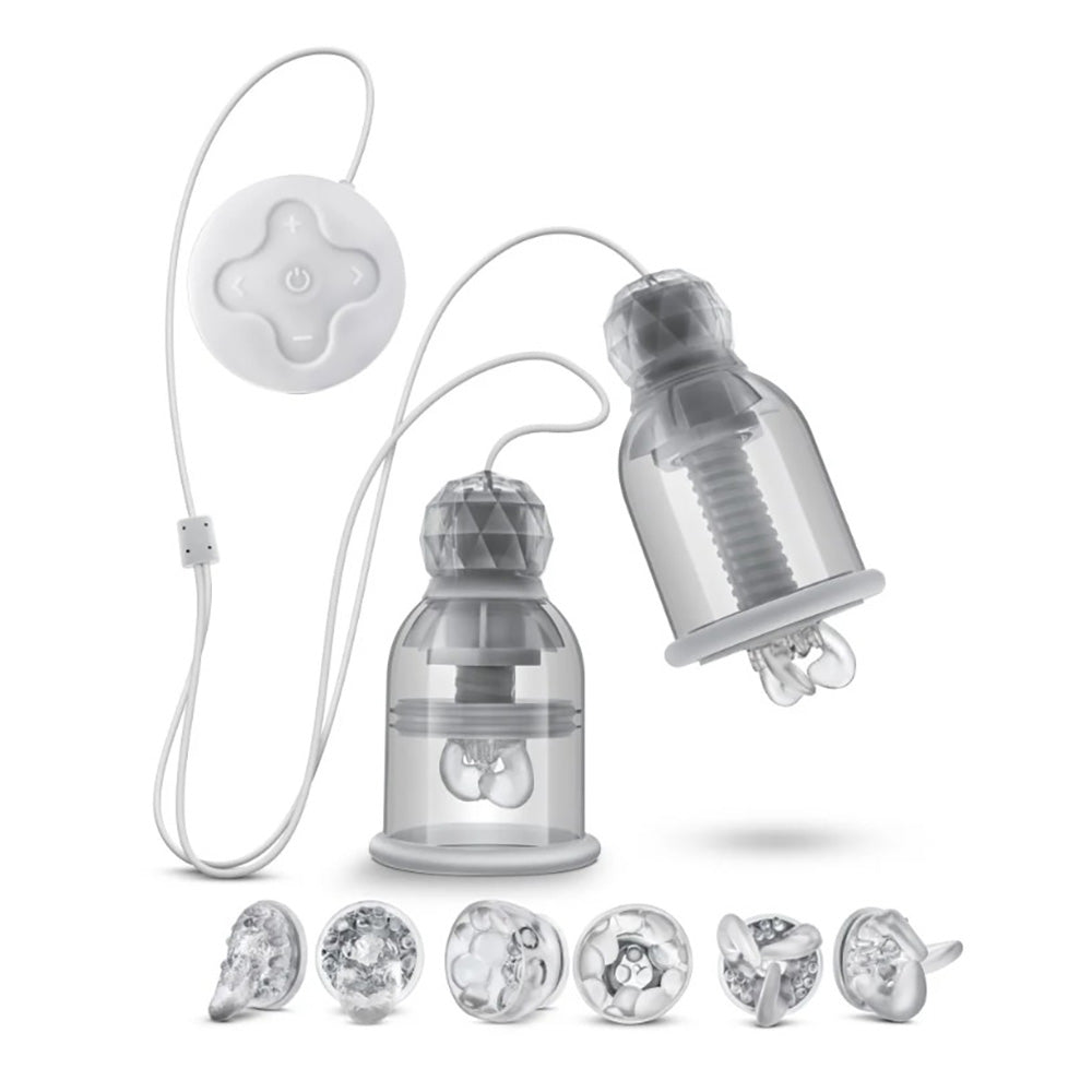Wearable nipple massager with remote and textured attachments.
