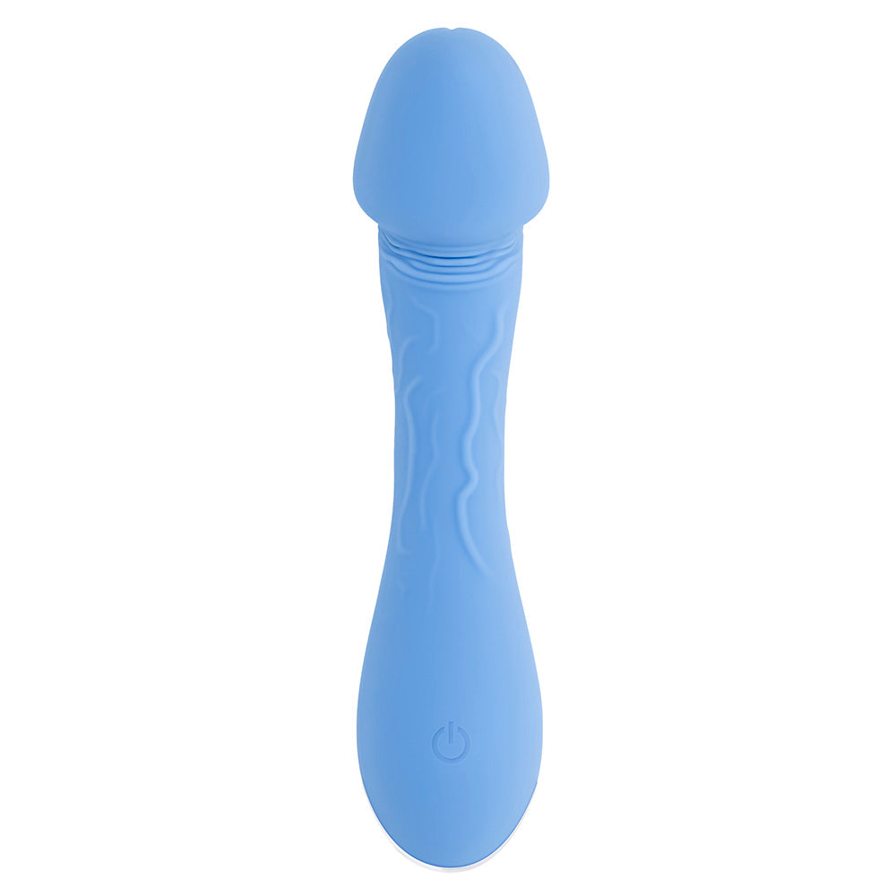 A blue silicone vibrator with a curved head and a power button.