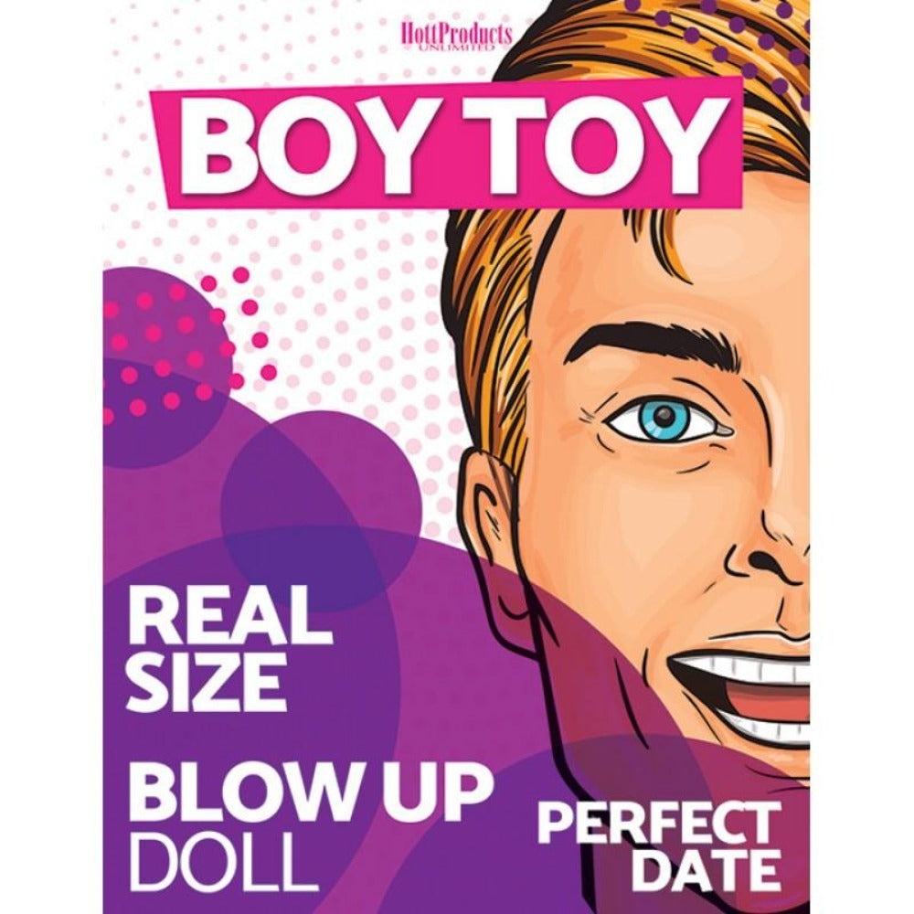 Boy Toy inflatable doll with "Real Size Blow Up Doll Perfect Date" text.