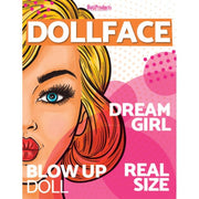 Doll Face inflatable doll with text "Dollface", "Dream Girl", "Blow Up Doll", and "Real Size".