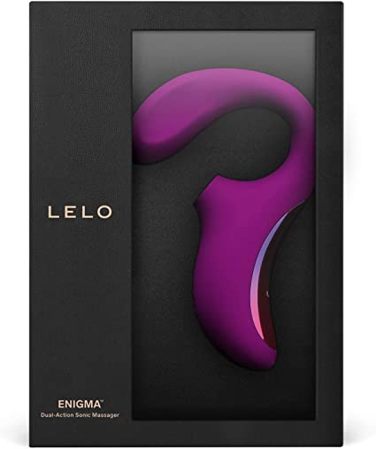A deep rose Lelo Enigma dual-action sonic massager in its packaging.