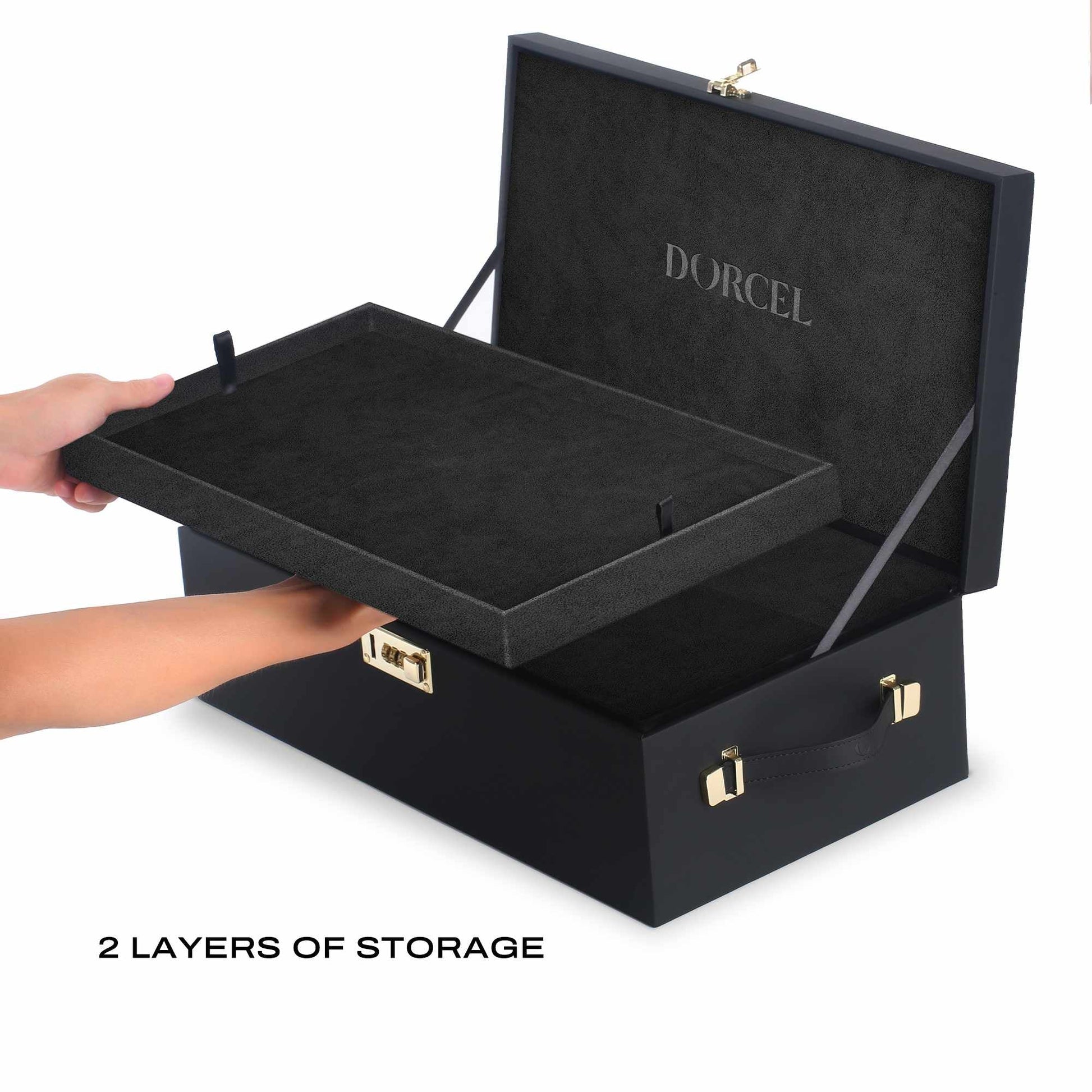 A black faux leather storage case with two layers and a combination lock.