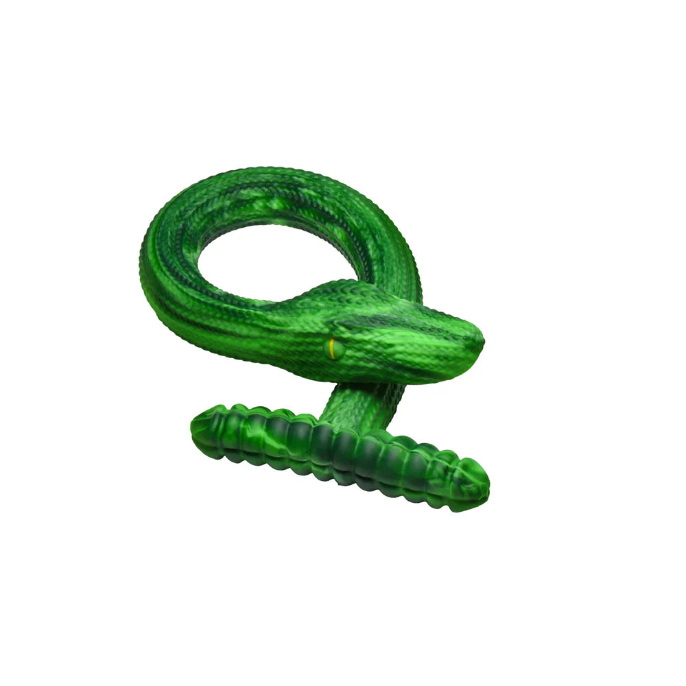 Green textured silicone snake dildo with a T-shaped handle.