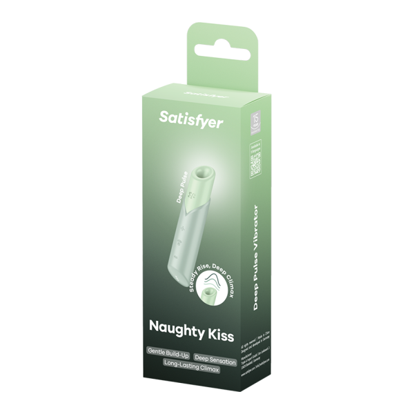 Naughty Kiss vibrator in a light green box with a picture of the vibrator.