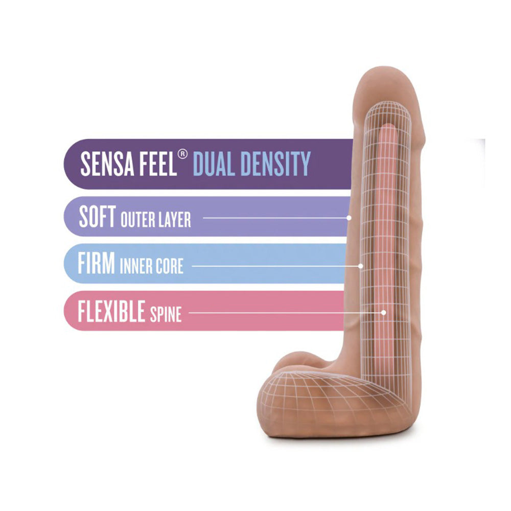 Cutaway diagram of a 7-inch dual density dildo showing soft outer layer, firm inner core, and flexible spine.