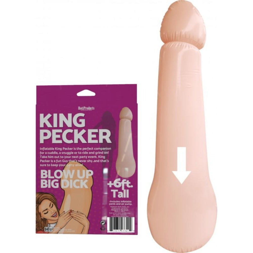 A 6ft tall inflatable novelty penis prop, shown in packaging and standing.