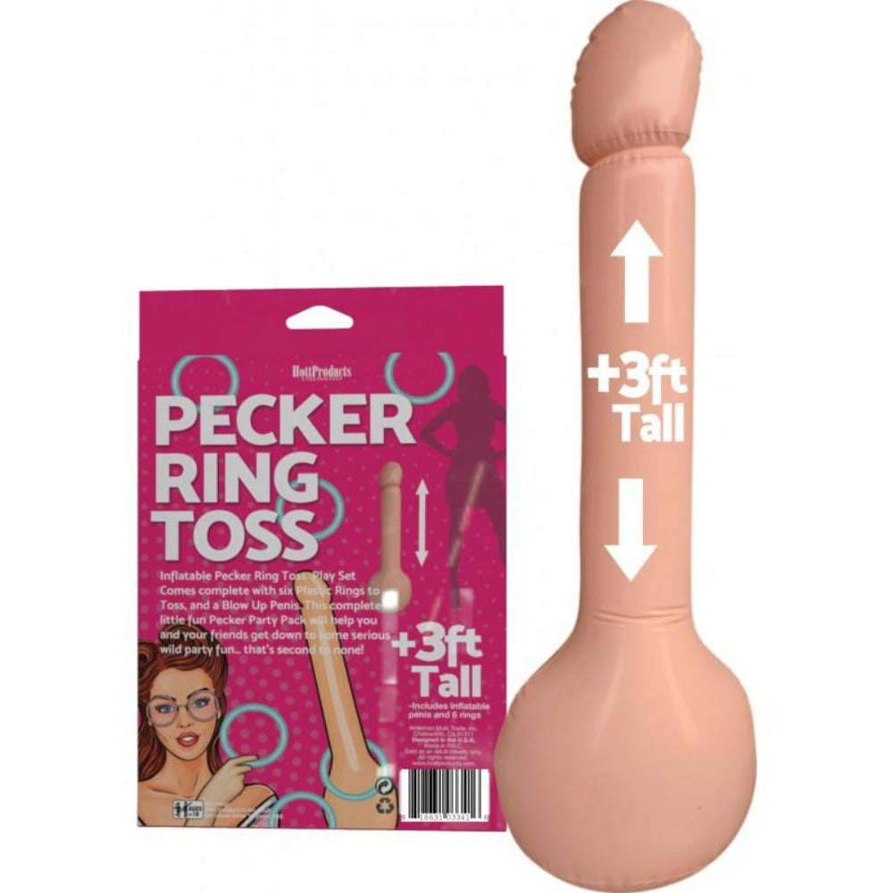 Inflatable 3-foot tall penis ring toss game set with pink packaging and six rings.