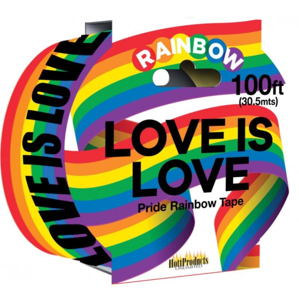 Rainbow Pride tape with "Love Is Love" text, 100 ft long.