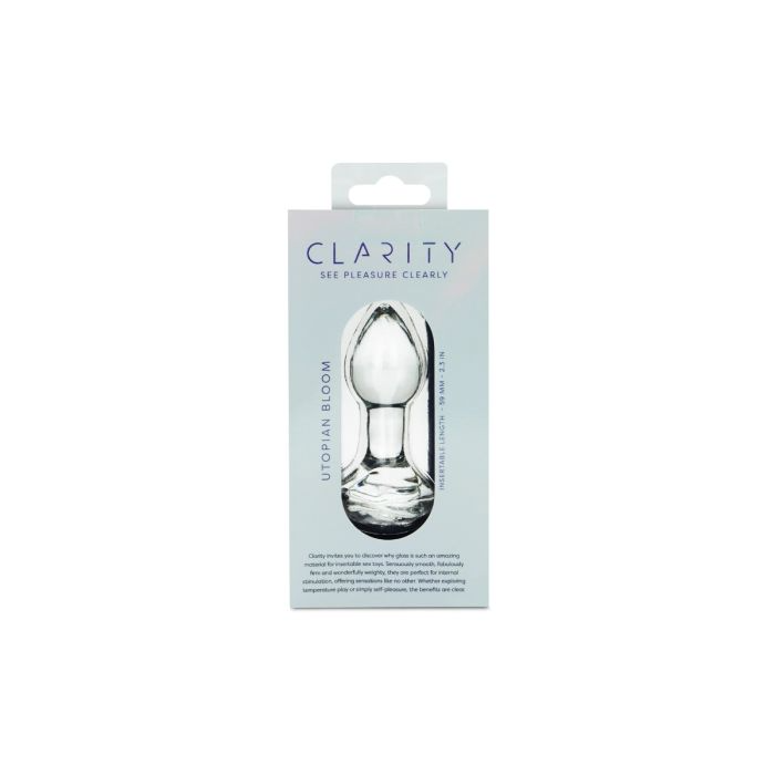 A clear glass butt plug with a flared base and the brand name Clarity.