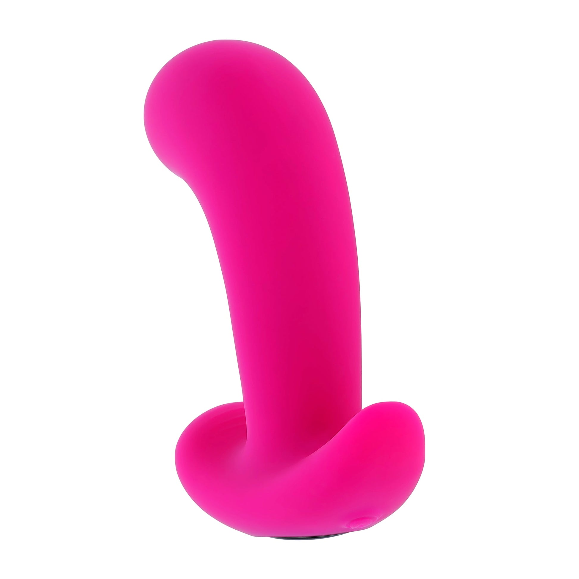 A pink silicone prostate massager with a curved shaft and a remote control.