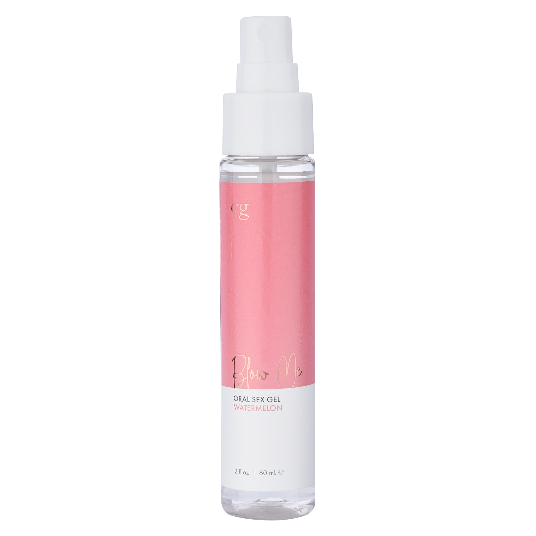 Watermelon flavored oral sex gel in a clear bottle with a white spray top.