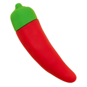 Red chili pepper shaped vibrator with a green cap.