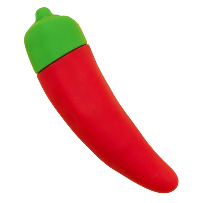 Red chili pepper shaped vibrator with a green cap.