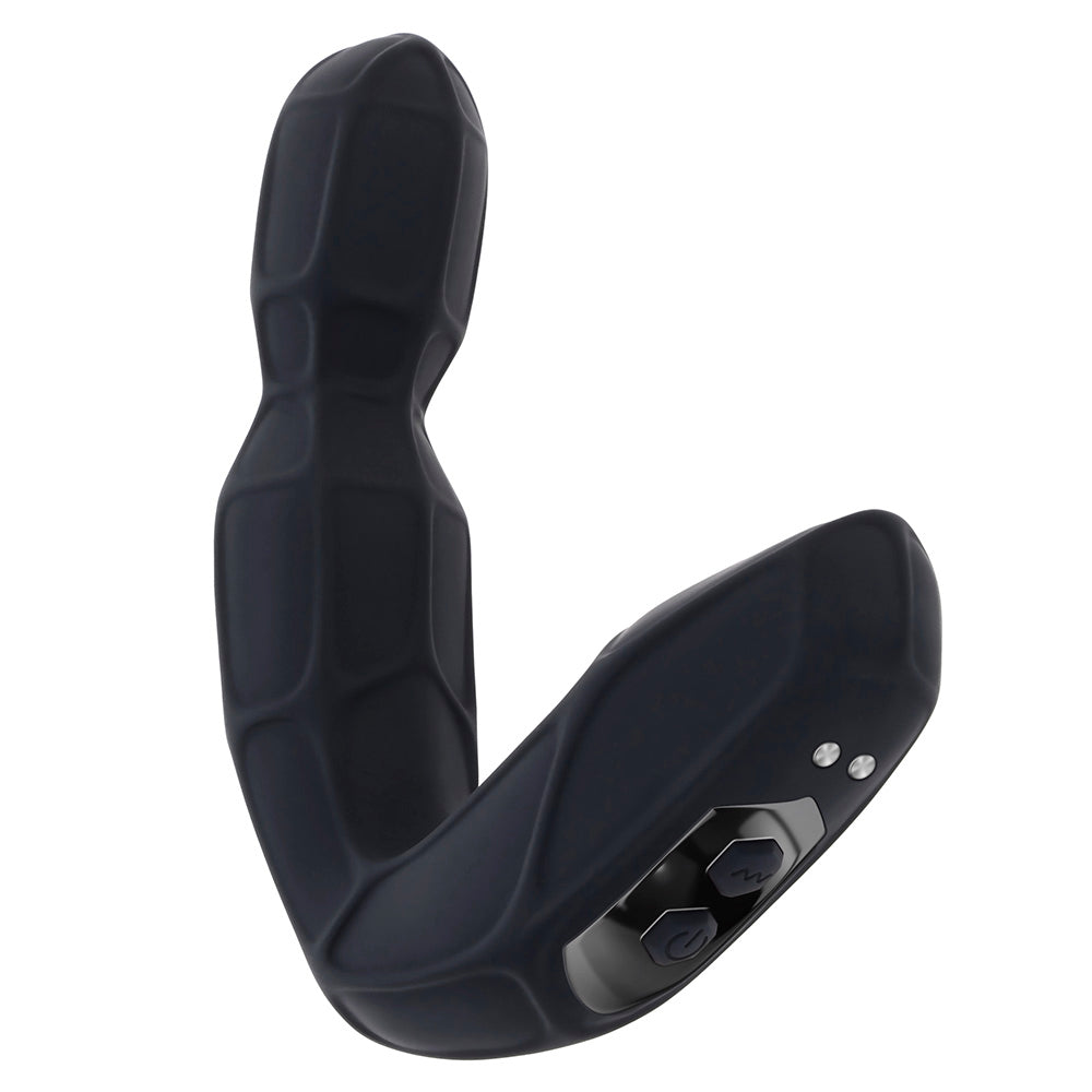 Black remote-controlled prostate massager with a textured surface and control buttons.