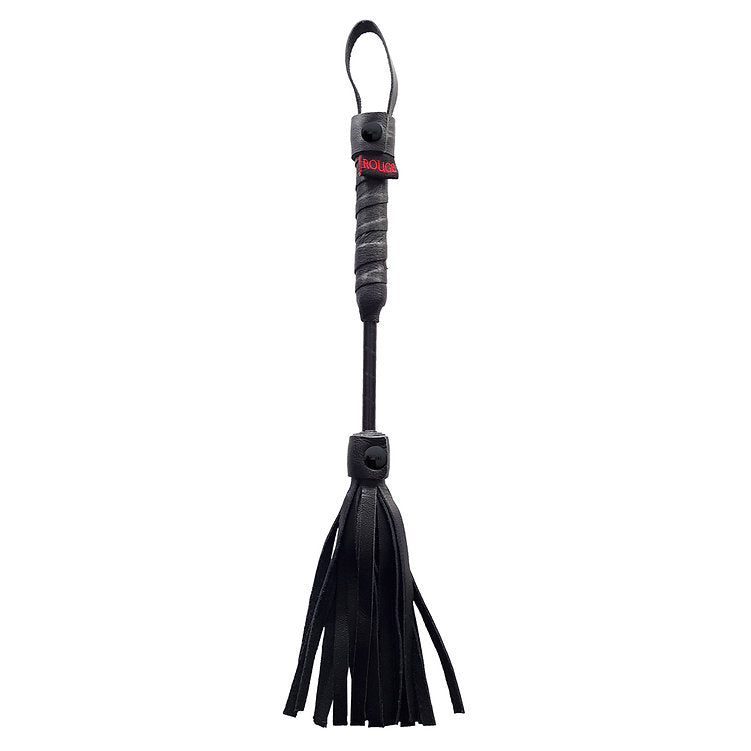 Black leather flogger with a loop handle and a tasseled end.