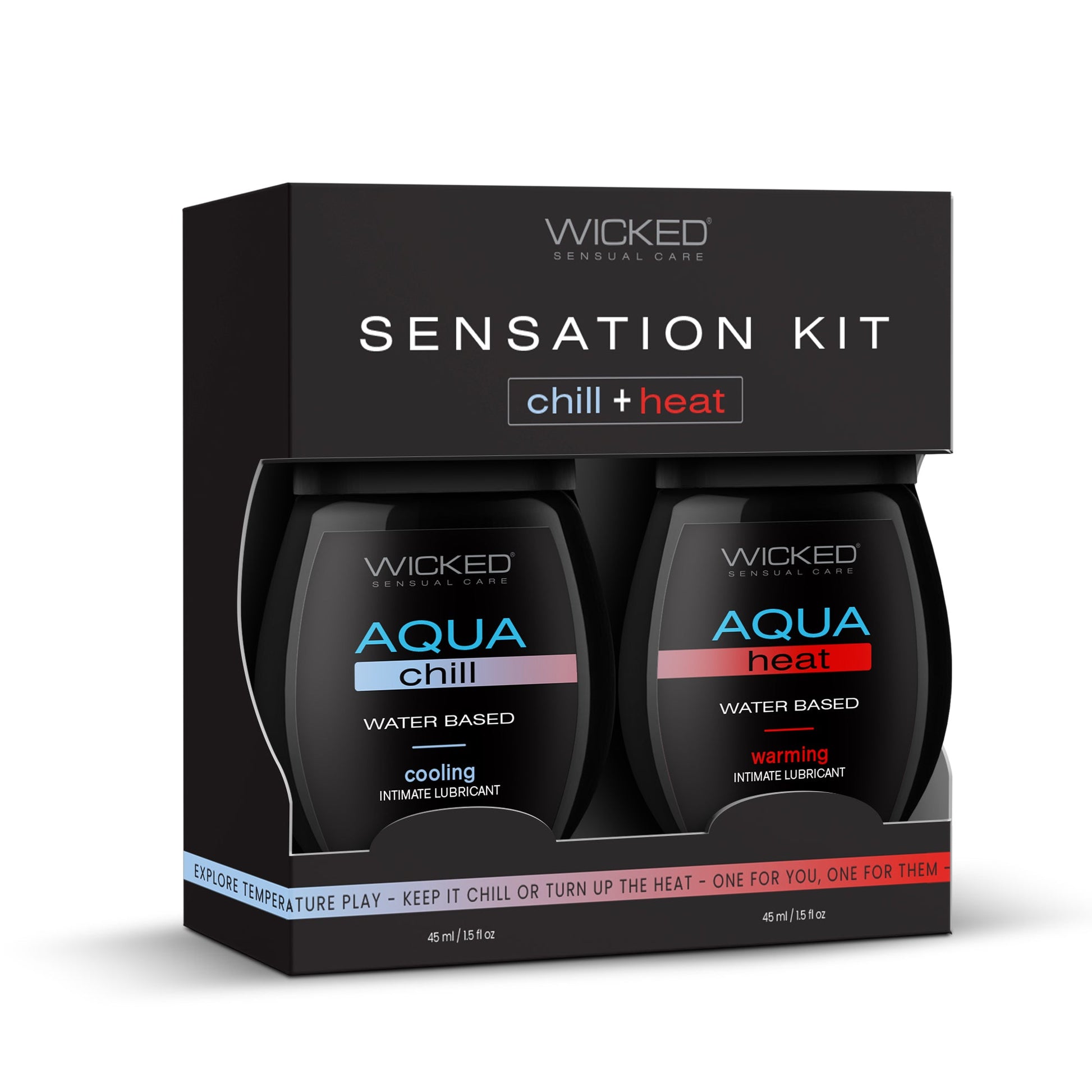 Wicked Aqua Heat & Chill Sensation Kit with two 1.5 oz water-based lubricants.