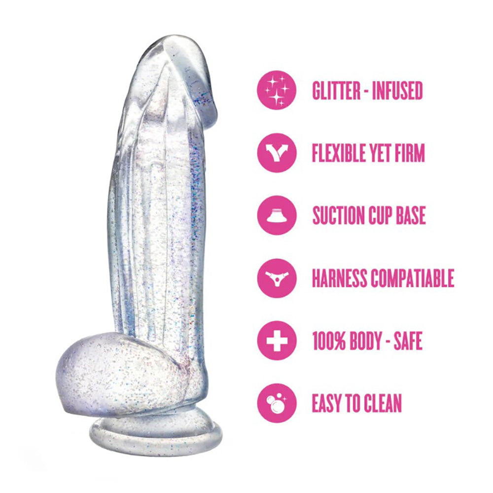 Clear glitter dildo with sparkling infusion, suction cup base, and harness compatibility.