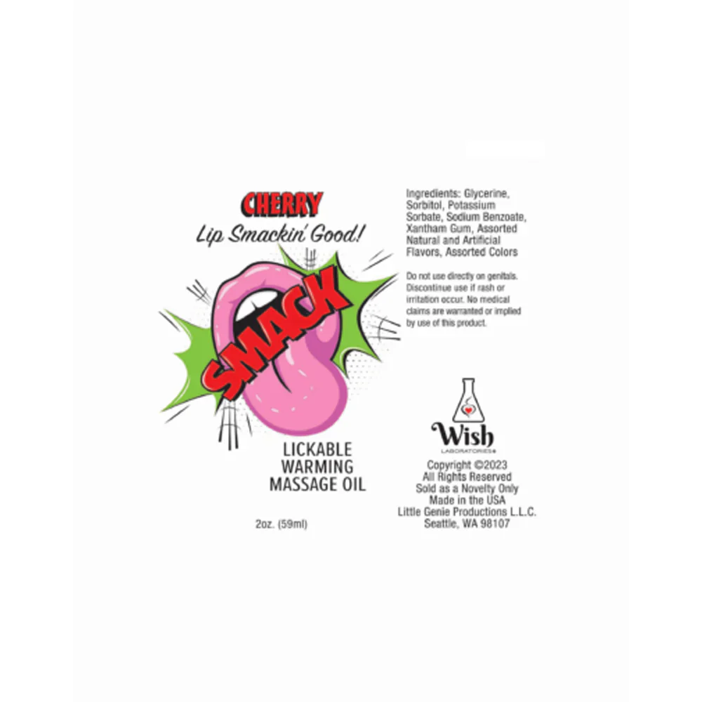 Cherry flavored warming massage oil with a tongue graphic.